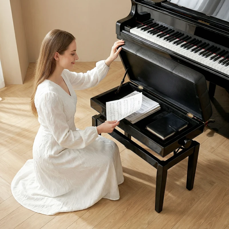 HOMCOM Banquette tabouret siège pour piano coffre intégré hauteur réglable bois hévéa assise revêtement synthétique noir
