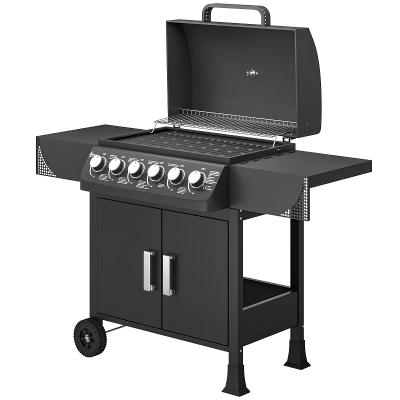 Outsunny Barbecue a Gás com 6 Queimadores 15 kW Termómetro Armário Grelha de Aquecimento Bandeja de Recolha de Gordura 2 Rodas 135x51x101 cm Preto
