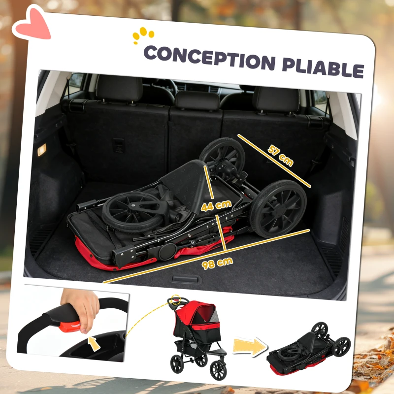 PawHut Poussette pour chien chariot pliable 3 roues tout-terrain EVA 12" auvent ajustable 2 laisses 109,5x57,5x106,5cm rouge(m-6)