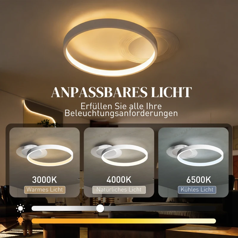 HOMCOM Deckenlampe, Deckenleuchte mit Zwei-Ring-Design, Rund 50 x 40 x 7,4 cm, Weiß