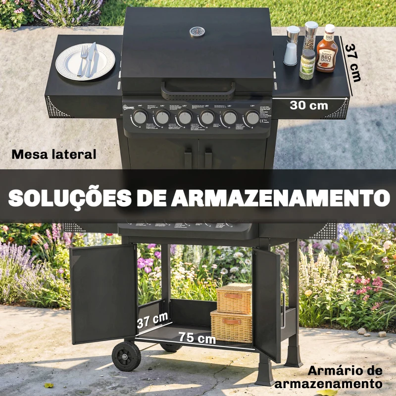 Outsunny Barbecue a Gás com 6 Queimadores 15 kW Termómetro Armário Grelha de Aquecimento Bandeja de Recolha de Gordura 2 Rodas 135x51x101 cm Preto