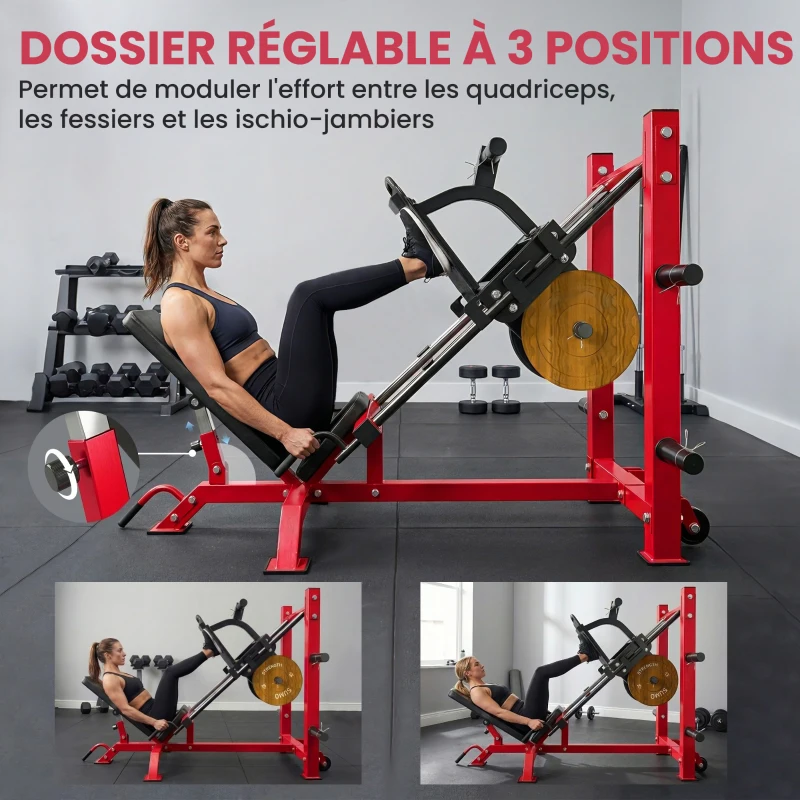 SPORTNOW Presse à Cuisses Professionnelle Machine Musculation Jambes et Hack Squat 455kg Appareil Réglable 185x120x140cm Rouge