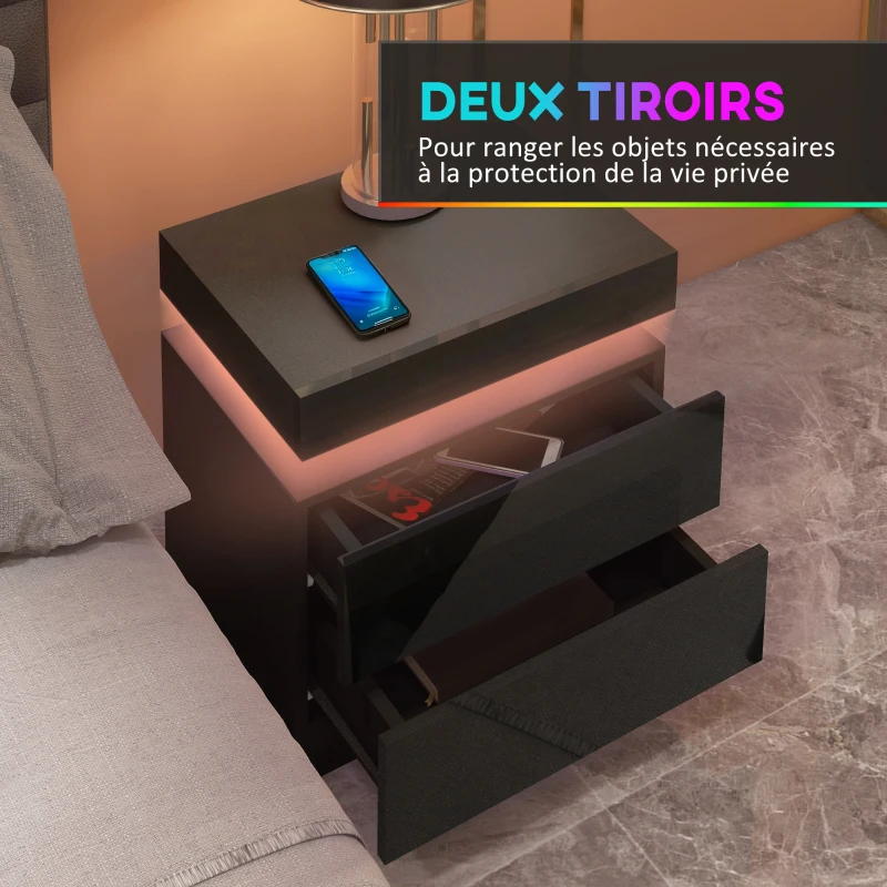 HOMCOM Table de chevet table de nuit lumière LED RVB panneau haute brillance avec 2 tiroirs pour salon chambre à coucher noir
