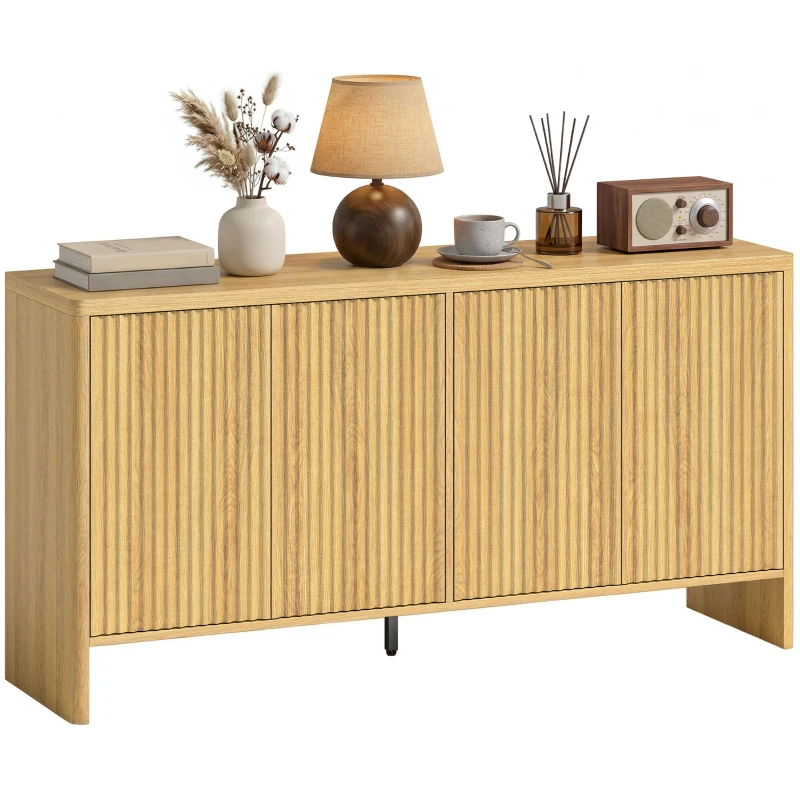 HOMCOM Aparador para salón, mueble de almacenamiento con 4 puertas acanaladas, estante ajustable, apertura a presión, 147x40x77cm, roble