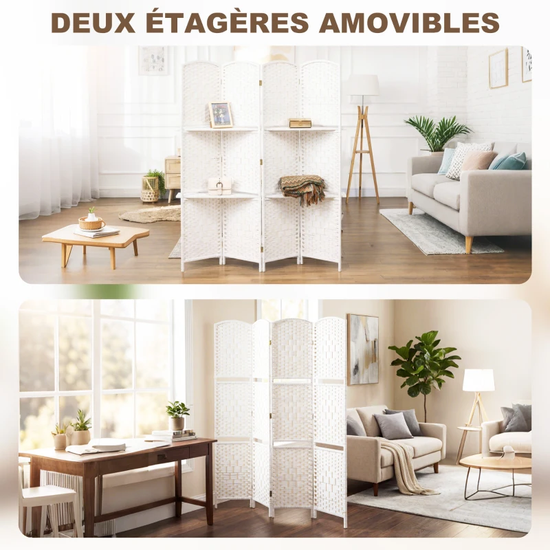 HOMCOM Paravent séparateur de pièce 4 panneaux 160 x170 cm avec 2 étagères, pliable, en bois