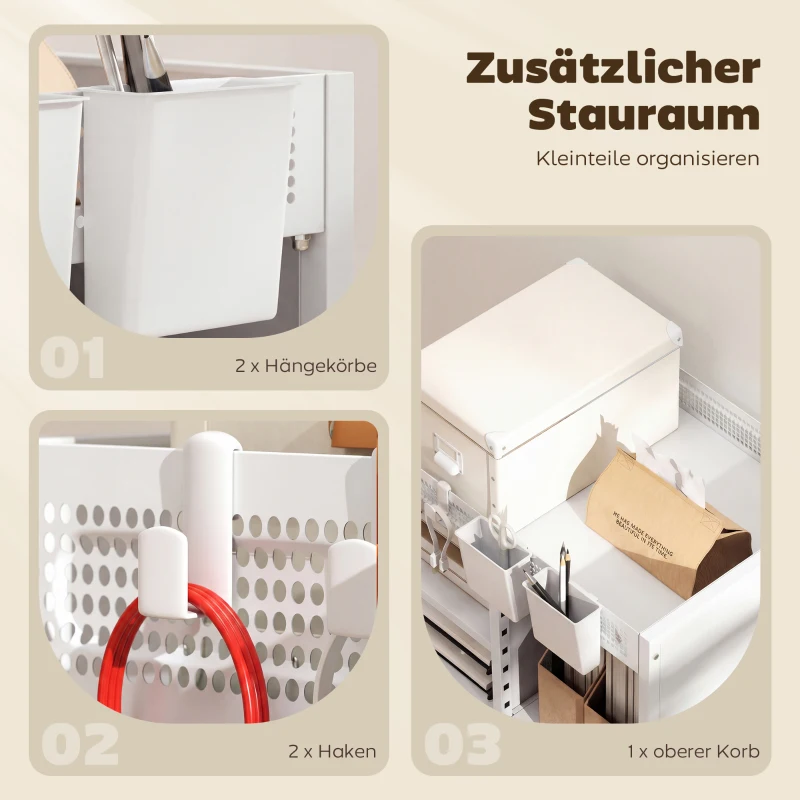 HOMCOM Bücherregal auf Rollen, 4-stufig, verstellbare Regalböden & Hängekörbe für Home Office und Wohnzimmer, Weiß