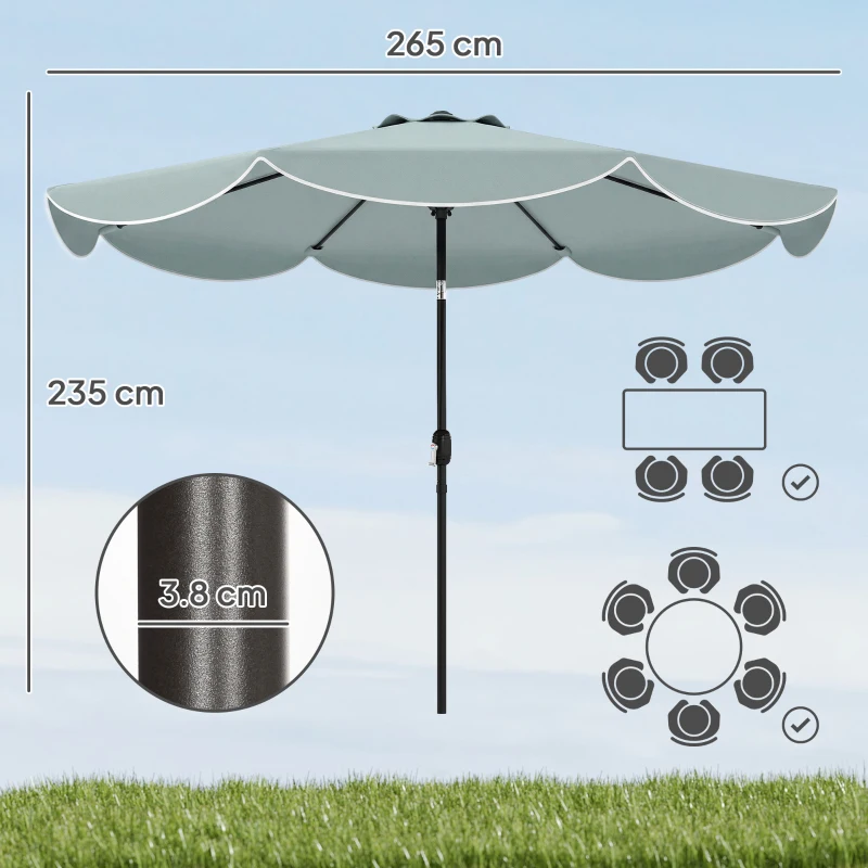 Outsunny Parasol de grădină exterior rotund înclinabil cu 3 poziții cu 8 spițe și faldon, Φ265 x 235 cm, Albastru