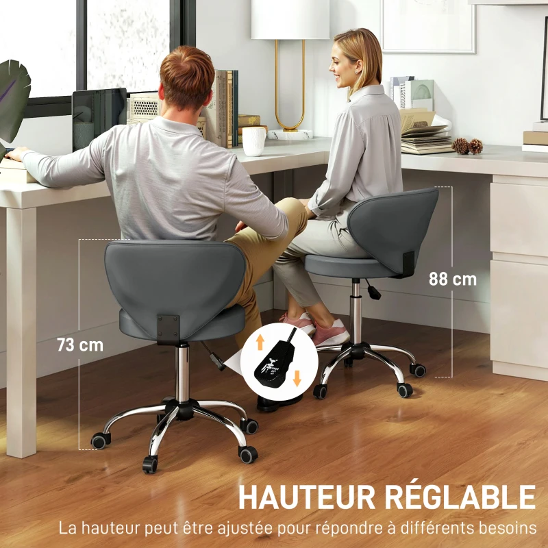 HOMCOM Tabouret à roulettes, tabouret de massage en PU avec hauteur réglable 73-88 cm et dossier, pivotant 360°, gris