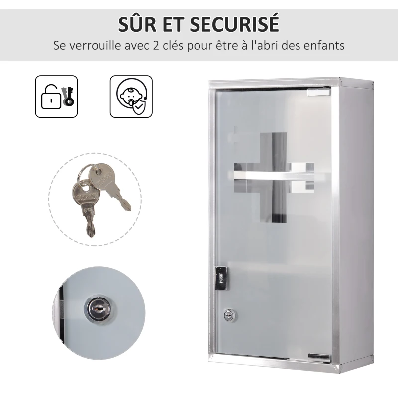 HOMCOM Armoire à Pharmacie 2 étagères 3 Niveaux verrouillable Porte Verre trempé dépoli Logo Croix 25L x 12l x 48H cm Acier INOX