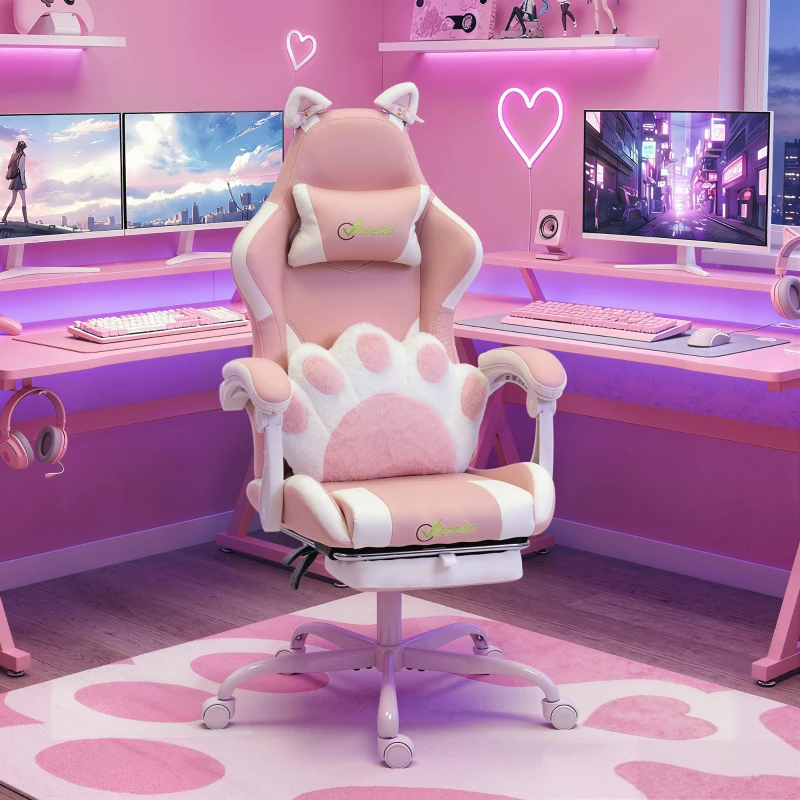 Vinsetto Ergonomischer Gaming-Stuhl, Katzenohren-Gamer-Stuhl aus Kunstleder mit Lendenstütze, Fußstütze, Kopfstütze, Rosa