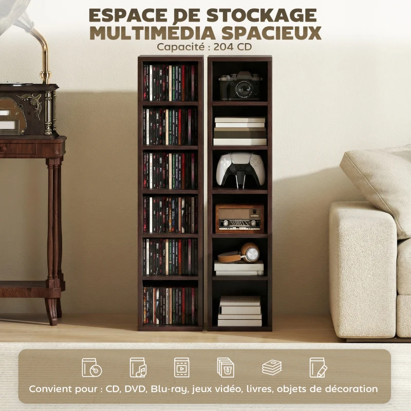 HOMCOM Lot de 2 étagères colonnes armoire de rangement CD-DVD 12 compartiments 21 x 22,5 x 88,5 cm capacité 204 CD marron