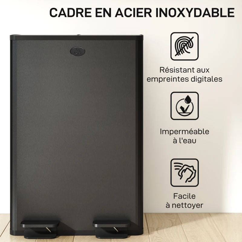 HOMCOM Poubelle de cuisine 2 compartiments de 2 x 28L, acier inoxydable, couvercle à fermeture douce, 45,8x36x67,6cm, noir