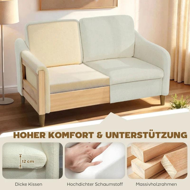HOMCOM Sofa 2 Sitzer kleine Couch mit Sherpa-Fleece-Optik 137 cm für Wohnzimmer Cremeweiß