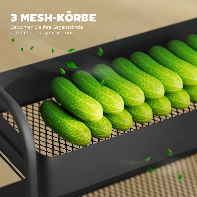 HOMCOM Küchenwagen, 3 Körbe, 4 Rollen, Metall, Schwarz