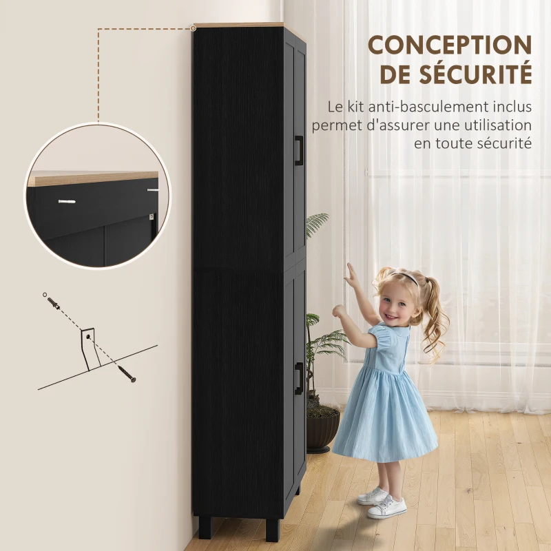HOMCOM Armoire de cuisine hauteur 170 cm buffet haut avec 4 portes et étagères ajustable, design moderne, noir
