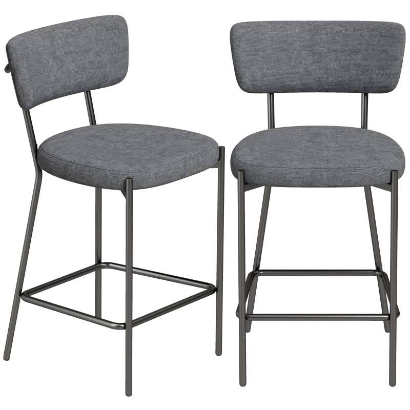 HOMCOM Barhocker im 2er-Set, Polster-Barstühle mit geschwungener Rückenlehne, für Kücheninsel, Frühstücksbereich, Grau