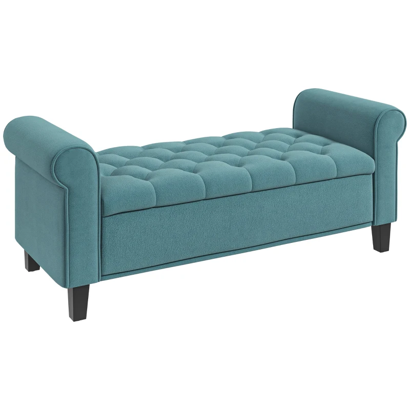 HOMCOM Banc de rangement bout de lit avec accoudoirs, tissu velours rembourré et capitonné, 126 x 48,5 x 57 cm, vert