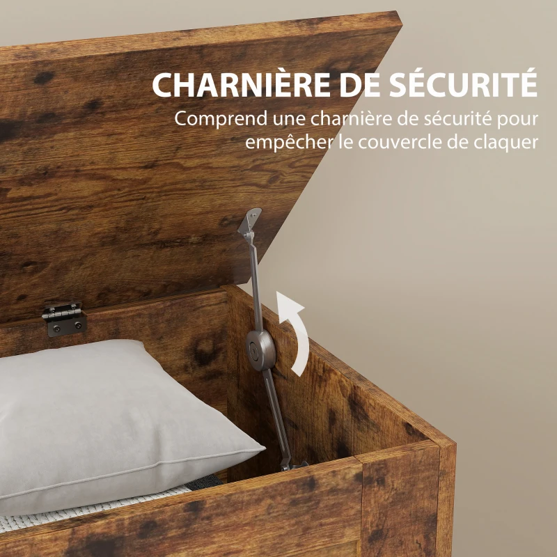 HOMCOM Coffre de rangement, coffre à jouets, avec charnière de sécurité, pour salon, en bois, 80 x 40 x 45 cm, brun rustique