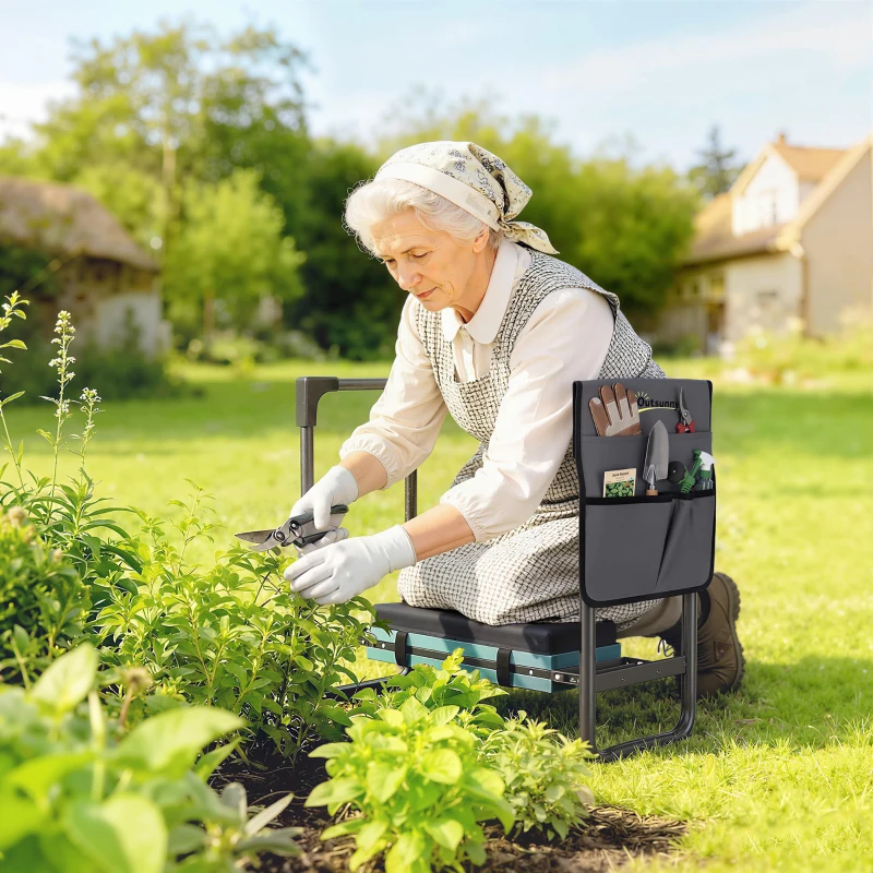 Outsunny Taburete de Jardín Plegable con Almohadilla de Espuma EVA Asiento de Jardín con Bolsa para Herramientas Gris Oscuro