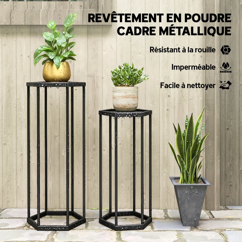 Outsunny Lot de 2 supports pour plantes, tabouret à fleurs hexagonal en métal, intérieur et extérieur, noir