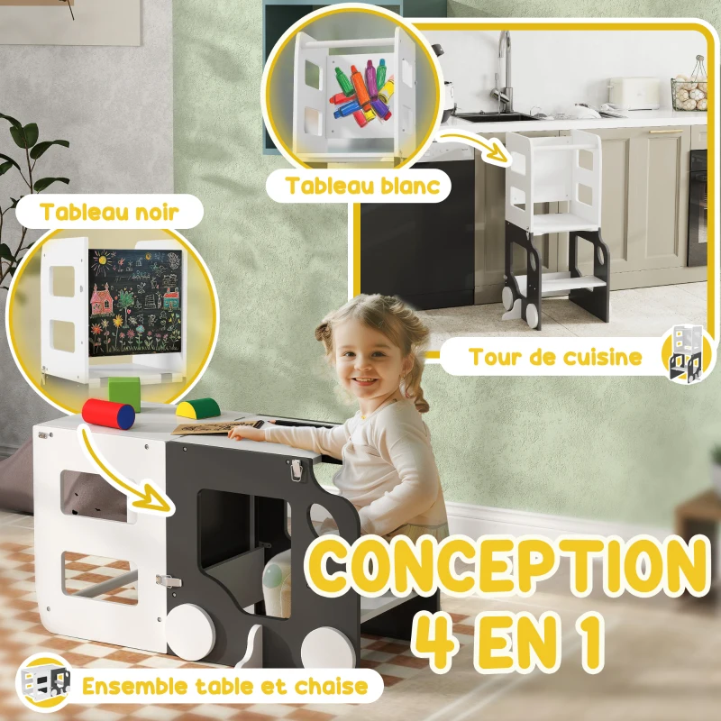AIYAPLAY Tour d'observation enfant 4 en 1, tour d'apprentissage, hauts rebords de sécurité, tableau noir/blanc, 58x46x92cm, gris