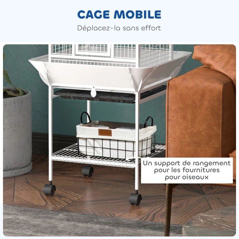 PawHut Cage oiseaux, voliere oiseaux à roulettes avec support, plateau coulissant, perchoir en bois, 62,5x62,5x156cm, blanc