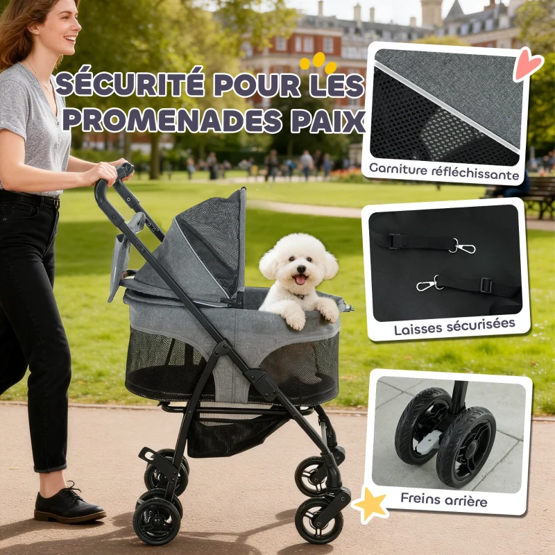 PawHut Poussette pour Chien Pousse-Chien 3 en 1 Détachable Pliable Nacelle Amovible et Sans Fermeture Éclair Suspension Gris