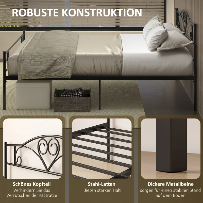 HOMCOM Bettgestell aus Metall mit Kopfteil, 300 kg Belastbarkeit, 145L x 211B x 106H cm, Schwarz