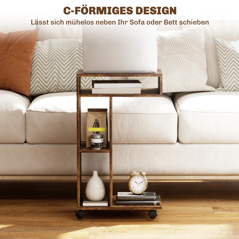 HOMCOM Beistelltisch, C-förmiger Servierwagen, 4 Rollen, 3 Fächer, 40 x 30 x 69 cm, Rustikal-Braun