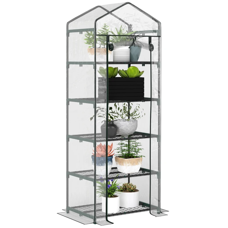 Outsunny Serre de jardin PVC avec étagères 5 niveaux, serre de balcon, bâche renforcée 135 g/m², châssis en acier, porte zippée enroulable, pour légumes plantes fleurs, 69 x 49 x 193 cm, transparent