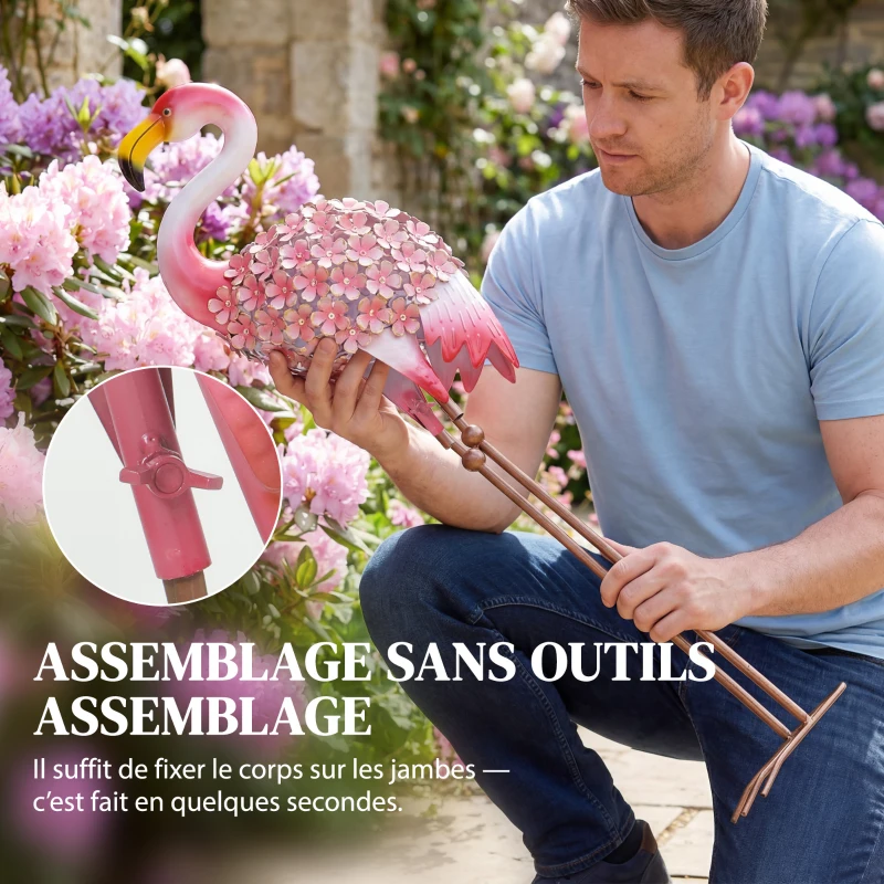 Outsunny Statue de Jardin Flamant Rose, Sculpture d'Oiseau en Métal avec Plumes Florales, 28 x 19 x 83 cm, Rouge