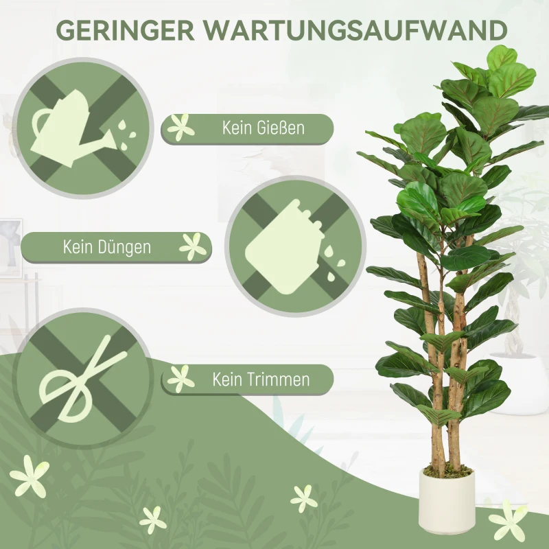 HOMCOM Künstlicher Geigenfeigenbaum Kunstpflanze mit 71 Blättern, Massivholzstamm, Topf, 50 x 50 x 150 cm, Grün