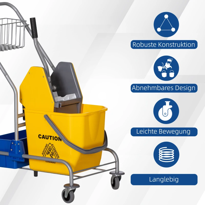 HOMCOM Reinigungswagen, Moppwagen, 25 L Fassungsvermögen, 4 Räder, Kunststoff, Gelb