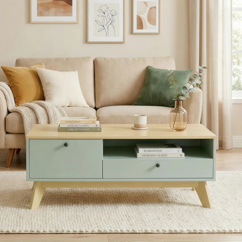 HOMCOM Table basse de salon, table d'appoint rectangulaire avec tiroir, porte et compartiment ouvert, vert clair et chêne