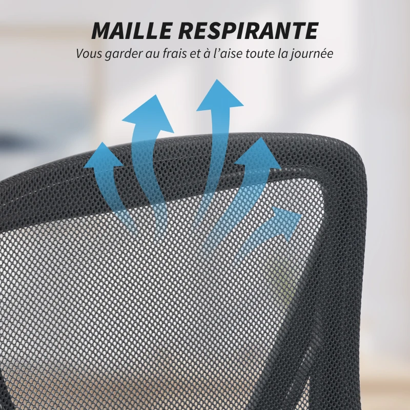 HOMCOM Chaise bureau ergonomique, fauteuil de bureau en maille, accoudoirs relevables, hauteur réglable, 59,5x56x103cm, noir