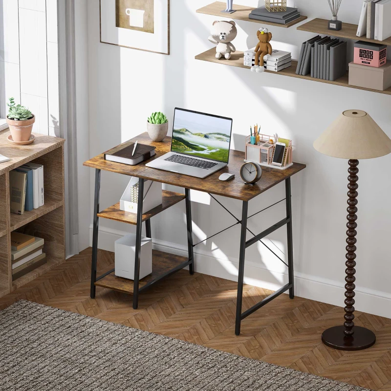 HOMCOM Bureau d'ordinateur, bureau avec rangement  industriel 120 x 60 cm, 2 étagères et cadre en acier, marron