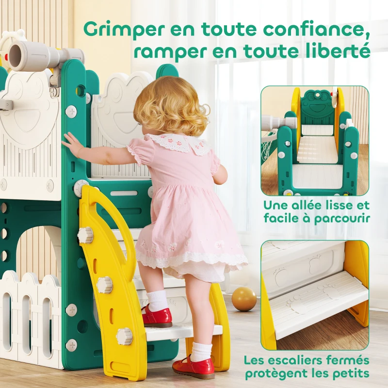 AIYAPLAY Toboggan pour enfant 7 en 1 avec panier de basket, télescope, rangement, tunnel, escalade, tableau de dessin, jaune