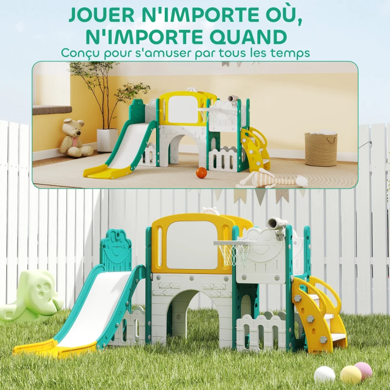 AIYAPLAY Toboggan pour enfant 7 en 1 avec panier de basket, télescope, rangement, tunnel, escalade, tableau de dessin, jaune