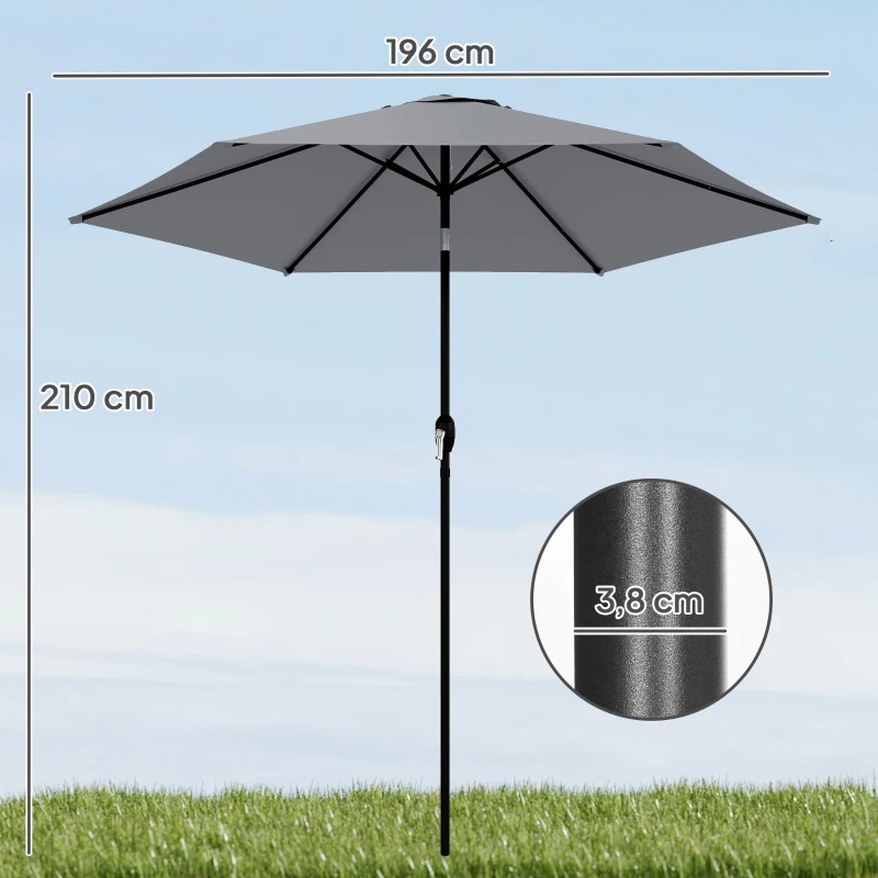 Outsunny Parasol de jardín exterior redondo 2m, inclinable a 30°, manivela, mástil en aluminio, tela 180 g/m², anti-UV, gris oscuro