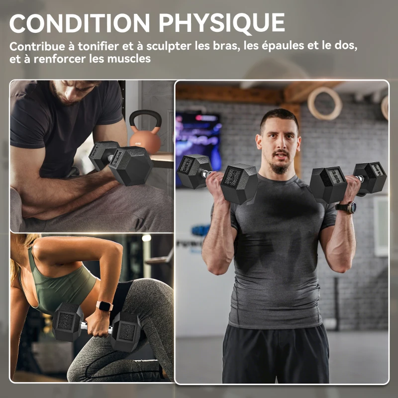 HOMCOM Lot de 2 Haltères hexagonaux 25 kg en fonte caoutchouté pour maison bureau gym à domicile, noir