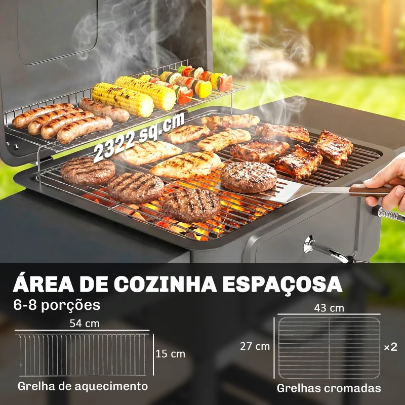 Outsunny Barbecue a Carvão Portátil com Bandeja e Ventilação Ajustável Grelha Grande Prateleiras Laterais Termómetro 112x65x115 cm Preto