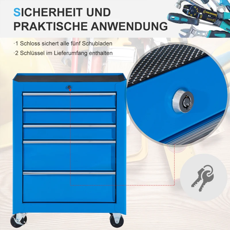 HOMCOM Werkzeugschrank, Werkzeugkiste, 5 Schubladen, rollbar, Stahl, Blau
