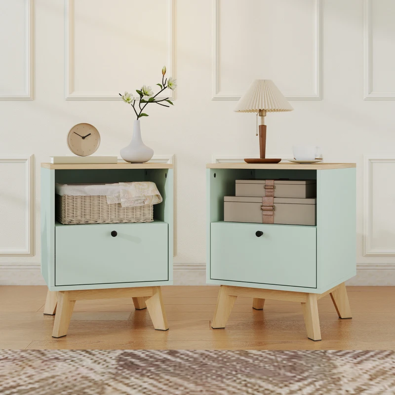 HOMCOM Set de 2 noptiere, noptiere cu sertar și compartiment deschis, 40 x 40 x 55 cm, stejar și verde deschis