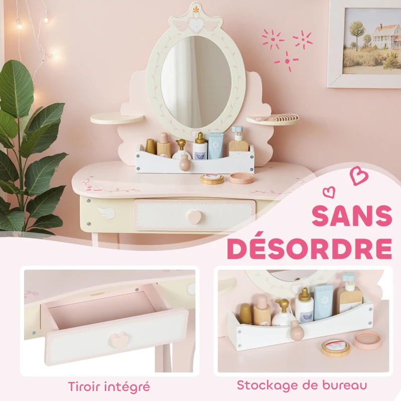 AIYAPLAY Coiffeuse enfant fille table de maquillage 2 en 1 avec 7 accessoires de jeu miroir en acrylique 59,8x29,6x89,8cm rose