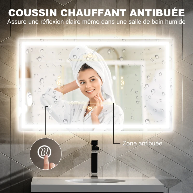 HOMCOM Miroir salle de bain éclairage LED miroir lumineux salle de bain mural interrupteur tactile lumière 3 couleurs 80x100cm
