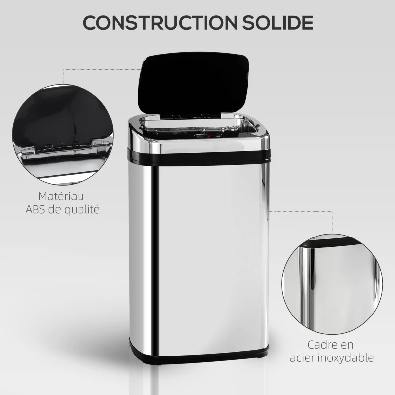HOMCOM Poubelle de cuisine automatique 30L acier inoxydable, poubelle à capteur de mouvement avec couvercle, 33x25x58cm, argent