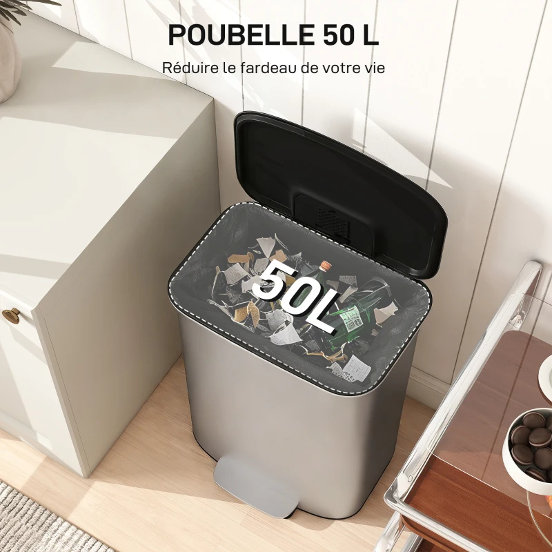 HOMCOM Poubelle cuisine 50L, poubelle à pédale, seau intérieur amovible, couvercle à fermeture douce, 45,1x36,5x62,6cm, gris
