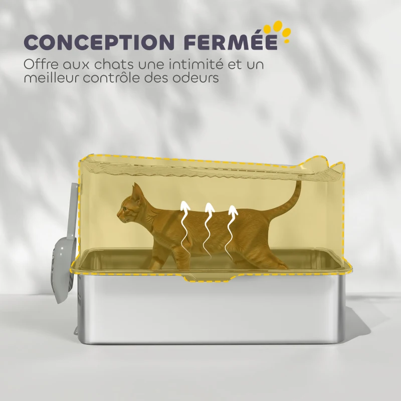 PawHut Bac à litière pour chat en acier inoxydable 85L grande capacité maison de toilette semi-fermée, 60 x 40 x 38 cm noir