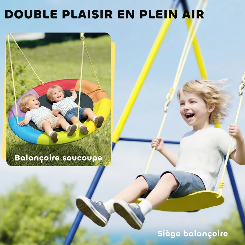 AIYAPLAY Balançoire portique pour enfant avec double  balancelles, cordes réglables, cadre en acier, pour 3-8 ans, multicolore