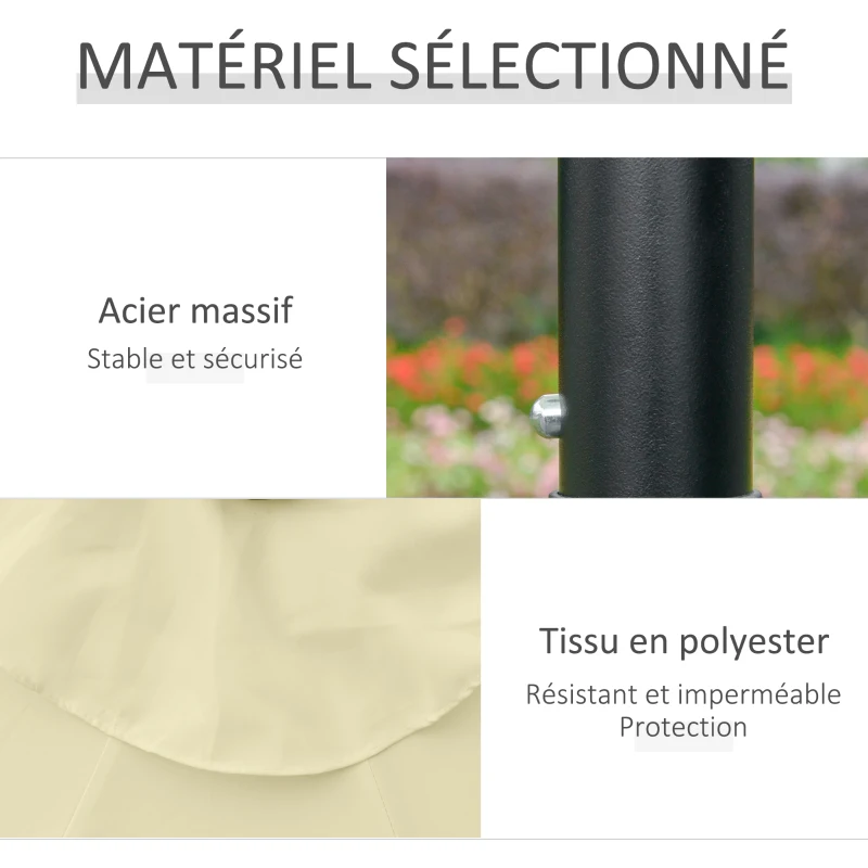 Outsunny Parasol de Jardin Extérieur Rond Ø 265 cm, Lumières LED Solaires, Manivelle Inclinable, Mât en Acier, 8 Baleines, Beige